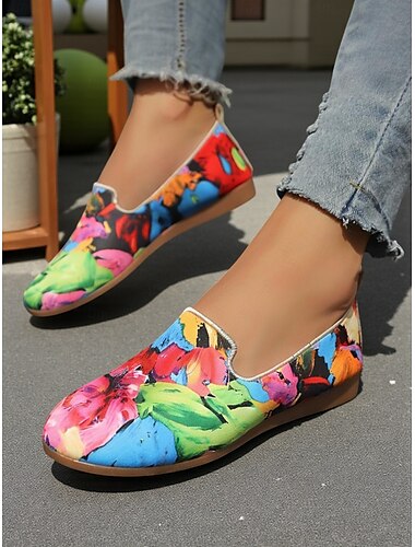  Färgglada blommiga slip-on-skor i canvas för kvinnor – lätta loafers med rund tå, konstnärliga komfortskor för promenader, resor och vardagsbruk