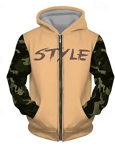  Homens Moletom Full Zip Hoodie Preto Marron Cáqui Com Capuz Letra camuflagem Patchwork Bolsos Desportos e Ar livre Diário Feriado Poliéster Roupa de rua Básico Casual Primavera Outono Roupa Moletons