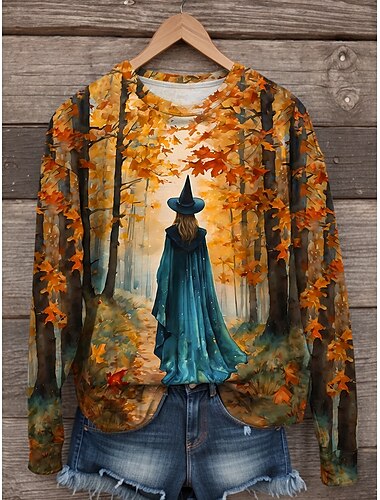  Damen Sweatshirts Grafik Hexe Lässig Langarm Rundhalsausschnitt Normale Oberteile Straße Lässig Druck Orange Herbst Winter