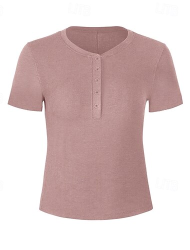  Women's Yoga T-shirt Henley Collar Breathable Short Sleeve Sports Solid Color Top For Pilates Running Yoga Activewear