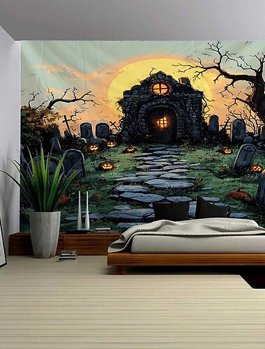  Halloween jack o lucerna dýně závěsný gobelín nástěnné umění velký gobelín nástěnná malba dekorace fotografie pozadí deka záclona domov ložnice obývací pokoj strašidelné město sídlo dům halloweenské