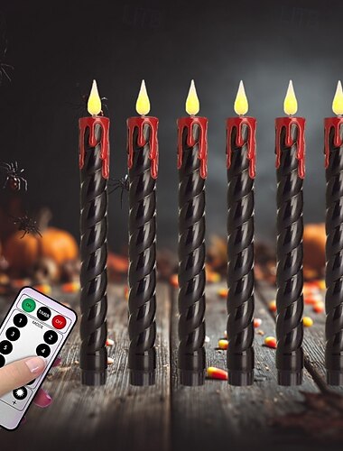  6 db 25 cm-es halloweeni cérna fekete rúd folyó vörös könnyek szimuláció elektronikus gyertyafény időzítő távirányító AA elem beltéri és kültéri parti hangulatú dekoratív világítás