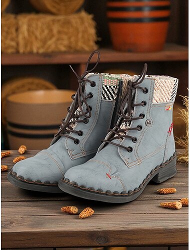  Mulheres Botas Botas de trabalho sapatos feitos à mão Diário Listrado Cor de contraste Botas Botas Tornozelo Sem Salto Ponta Redonda Casual Estilo industrial Pele Tecido Com Cadarço Preto Rosa claro