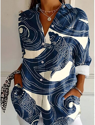  Dámská košile s knoflíky tunika límec dlouhý rukáv grafický zvířecí elegantní vintage tropická běžné topy každodenní dovolená plážové oblečení s potiskem černá růžová modrá jaro podzim