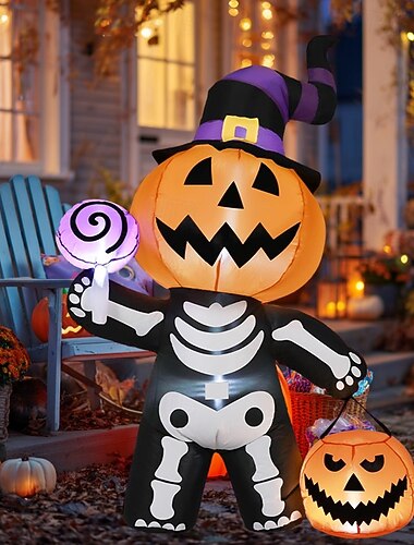  1 linterna de Halloween, linterna de calabaza de mano, modelo inflable de aire con esqueleto fantasma, ideal para patio interior y exterior, jardín, césped, camino, fiesta, ambiente festivo, luces