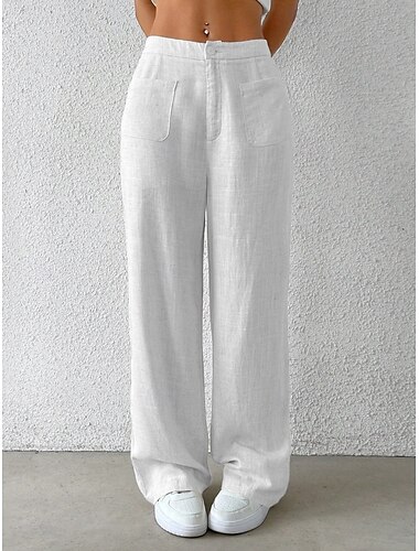  Mujer Perneras anchas Chinos Moda Básico Casual Longitud total Media cintura Color sólido Bolsillo Comodidad Al Aire Libre Rígido Vacaciones Calle Diario Negro Blanco Azul Piscina Albaricoque Verano