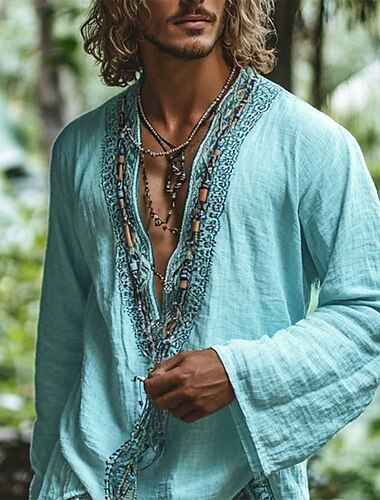  Per uomo Camicia Camicia di lino Camicia popover Camicia Estiva Abbigliamento da spiaggia Semplice Vacanza Ferie Azzurro cielo Manica Lunga Scollo a V profondo Estate Primavera Abbigliamento Etnico