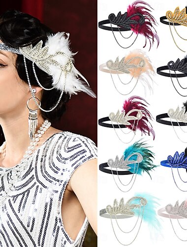  Gatsby flapper-pannebånd i damestil fra 1920-tallet - hårtilbehør med strass og fjær og kjeder til retro-temafester og arrangementer i de brølende tjueårene