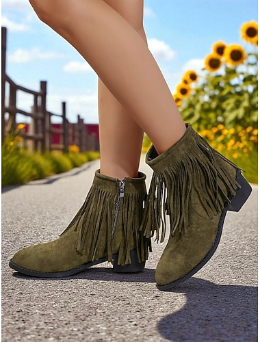  Bottines à franges en faux daim pour femmes – bottines courtes à talons bas de style western pour tenues d'automne, streetwear décontracté et événements en plein air