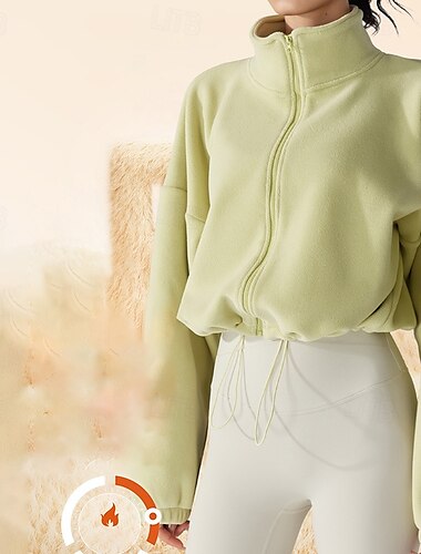  Damen Flauschige Fleecejacke Stehkragen Winddicht Leicht Warm Vollreißverschluss Langarm Sport Einfarbig Oberteil Für Outdoor Laufen Yoga Sportkleidung