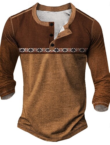  Homme Géométrique Rétro Ethnique Chemise Henley T-shirt manche longue ancien Mode Designer Extérieur Occasionnel Quotidien Printemps & Automne Marron foncé Bleu Clair Noir Henley T-shirt Henley