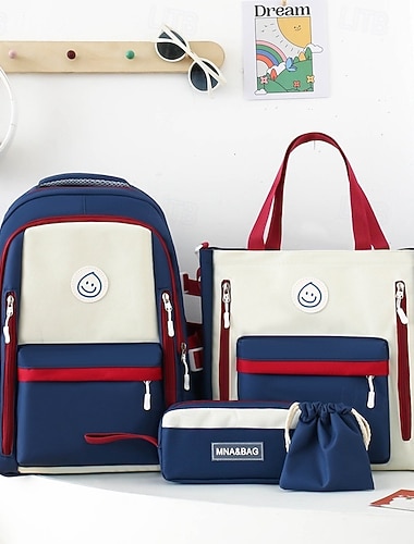  Set di 4 zaini per la scuola per bambini con borsa per il pranzo, astuccio e custodia con coulisse: zaino impermeabile resistente per ragazzi e ragazze