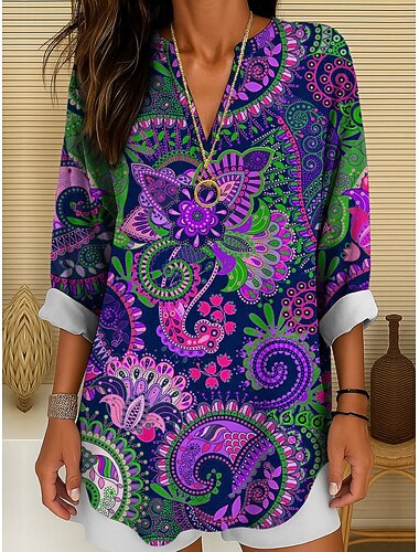  Női Blúz Tunika V Nyakú Hosszú Ujjú Boho Hétköznapi Felsők Virágos Grafika Paisley Bohemia Alap Hosszú Felsők Napi Gombos Nyomtatás Sárga Rózsaszín Kék Lila Zöld Tavasz Ősz Tél Nyár