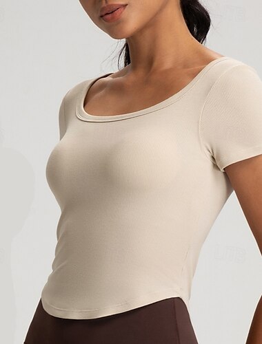  女性用 ヨガTシャツ 高通気性 パッド入り 半袖 スポーツ 純色 トップス ために ピラティス ランニング ヨガ アクティブウェア