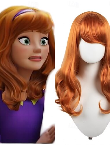  Cosplay πλήρες headpiece πορτοκαλί μεγάλα σγουρά μακριά κυματιστά μαλλιά scooby doo daphne anime περούκα