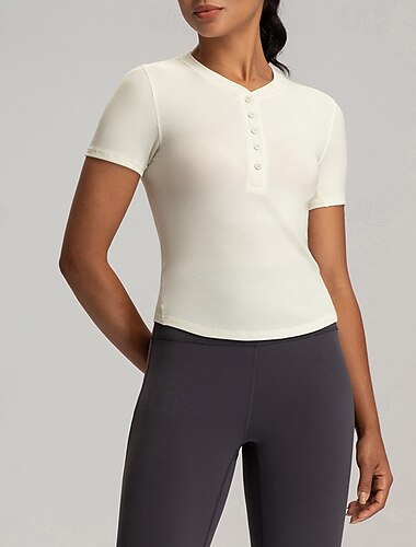  Women's Yoga T-shirt Henley Collar Stretchy Breathable Short Sleeve Sports Solid Color Top For Pilates Running Yoga Activewear