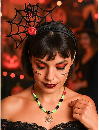  Serre-tête d'Halloween en toile d'araignée pour femme – Dentelle noire gothique avec motif rose rouge et araignée, polyester léger et plastique, parfait pour les fêtes costumées et le cosplay