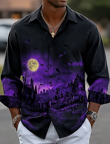  Halloween Pánské Hřbitov Měsíční svit Halloweenské kostýmy Košile Košile na knoflíky Ležérní košile Dlouhý rukáv Temný gotický styl Dovolená Streetwear Léto Jaro Přehnutý 3D tisk košile s límečkem
