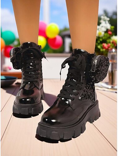  Botas de combate femininas com lantejoulas prateadas - botas plataforma de cano curto com cadarço e glitter para festas noturnas e baladas