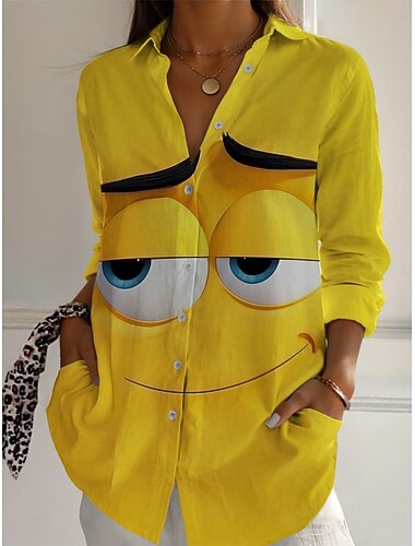  Per donna Camicia Grafico Attivo Quotidiano Elegante Manica Lunga Colletto a Camicia Top Regolari Quotidiano Ferie Bottoni Stampato Giallo Primavera Autunno