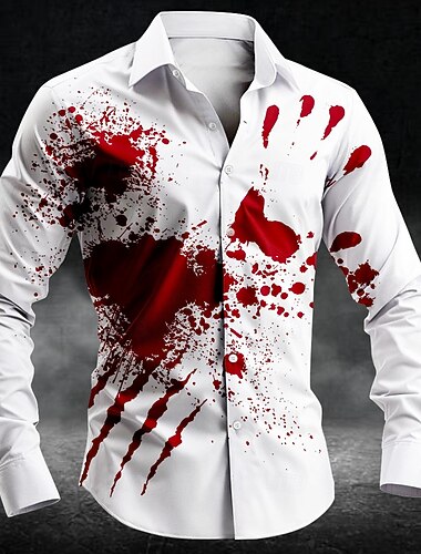  Halloween Pánské Otisk prstu Krevní skvrny Halloweenské kostýmy Košile Košile na knoflíky Dlouhý rukáv Temný punk gotický Dovolená Streetwear Léto Jaro Přehnutý 3D tisk košile s límečkem Bílá
