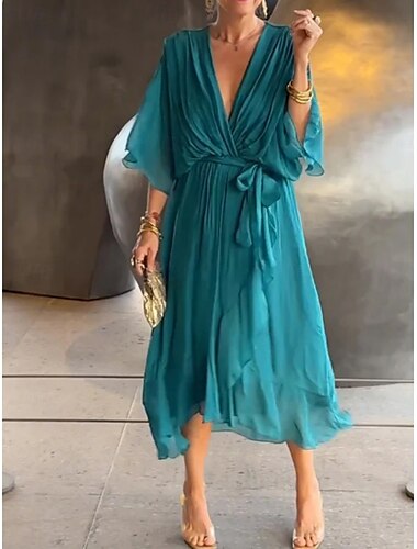 Femmes Robe Midi Robe de Cocktail Robe d'invité de mariage Mousseline de Soie Mode Moderne Manche Chauve-souris Extérieur Vacances Coupe régulière Uni Manche 3/4 Col en V Noir Blanche Bleu Gris Ét