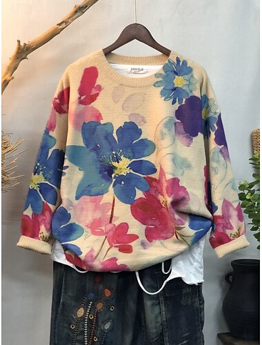  Damen Pullover Lässig Weich Blumen Gerippt Rundhalsausschnitt Blumen Gestrickt Langarm Normale Oberteile Stricken Outdoor Täglich Wochenende Gelb Rote Herbst Winter