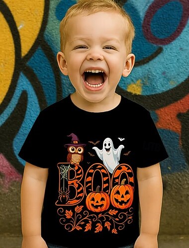  男の子用ハロウィン楽しいTシャツ ブー！遊び心のあるグラフィックTシャツ 3DパンプキンゴーストTシャツ Tシャツ 半袖 夏 春 ファッション ベーシック キッズ 4～12歳 クルーネック アウトドア カジュアル デイリー レギュラーフィット