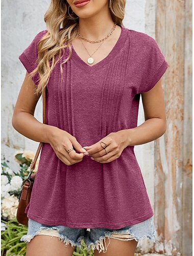  女性用 夏のトップス 純色 スタイリッシュ カジュアル 半袖 Ｖネック レギュラートップス 日常 フリル セージグリーン ブラック ホワイト ワイン 夏 春
