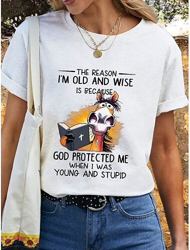  Γυναικεία Μπλουζάκι Στάμπα Γραφική Γράμμα Γάιδαρος Βίντατζ Στυλάτο Καθημερινό Κοντομάνικο Στρογγυλή Ψηλή Λαιμόκοψη Κανονικά μπλουζάκια Καθημερινά Σαββατοκύριακο Θαλασσί Μαύρο Λευκό Βυσσινί