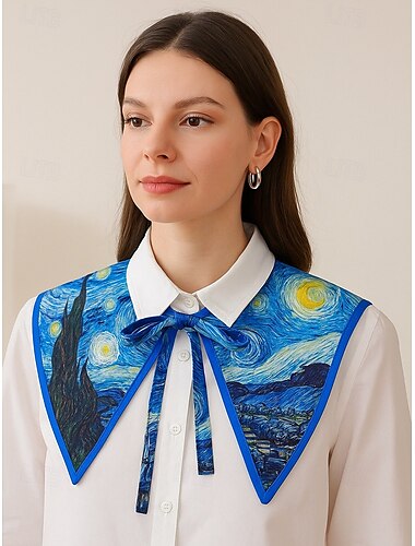  Dámský odnímatelný límec s uměleckým potiskem – barevný šálový límec inspirovaný Van Goghem, vintage retro styl, elegantní módní doplněk pro ležérní outfity, kancelářské nošení a umělecké akce