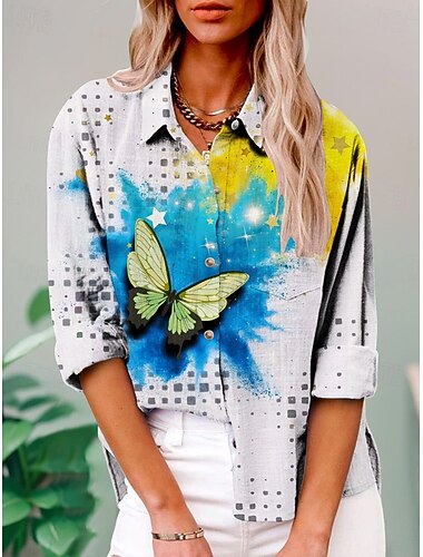  Per donna Camicia Floreale Farfalla Attivo Quotidiano Elegante Manica Lunga Colletto a Camicia Top Regolari Quotidiano Ferie Bottoni Stampato Bianco Giallo Blu Viola Verde Estate Primavera Autunno