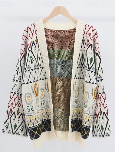  Per donna Felpa Cardigan Moda Streetwear Quotidiano Rombi A Coste Aperto davanti Lavorato a maglia Manica Lunga Top Regolari Maglia Ferie Uscire Weekend Bianco Autunno Inverno