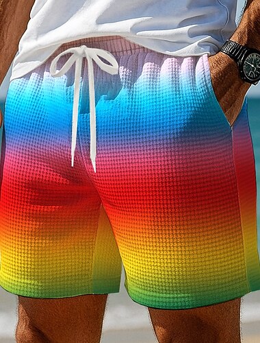  Hombre Bloque de color Arco iris Pantalones cortos de gofres Pantalones cortos de sudor Pantalones cortos casuales Media cintura Moda informal Vacaciones Jogging Ejercicio Cintura elástica con cordón