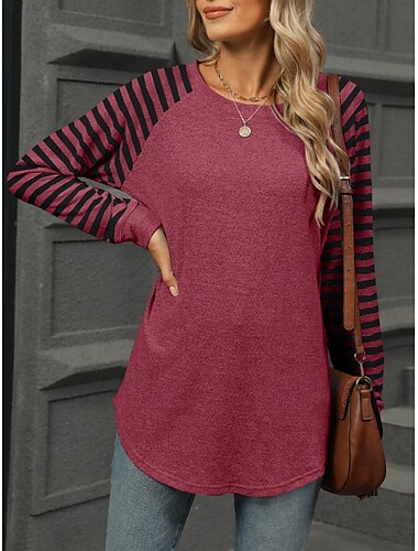  Dames T-shirt Gestreept Modieus Stijlvol Modern Lange mouw Strakke ronde hals Normale tops Dagelijks Weekend Afdrukken Wijn blauw Groen Grijs Zomer