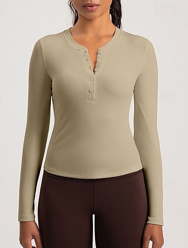  Women's Workout Shirt Henley Collar Breathable Basic Long Sleeve Sports Solid Color Top For Pilates Running Yoga Activewear