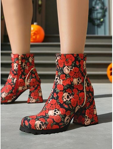  Botas femininas de cano curto com estampa de caveira e rosa para Halloween – salto grosso e estilo gótico com zíper lateral para cosplay, festas e festivais de outono