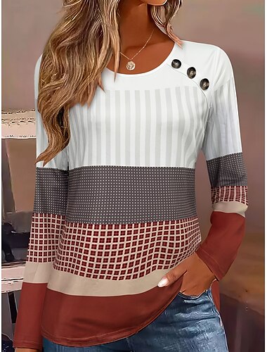  Per donna Felpe Grafico Geometrico A righe Vintage Classico Casual Manica Lunga Girocollo Top Regolari Bottoni Stampato Bianco Vino Primavera Autunno Inverno