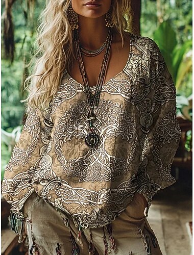  Damenbluse Grafik Vintage Alltag Casual Langarm V-Ausschnitt Normal Oberteile Tribal Lebensbaum Vintage Designer Basic Print Urlaub Straße Ausgehen Alltag Feiertagsdruck Braun Sommer Frühling Herbst