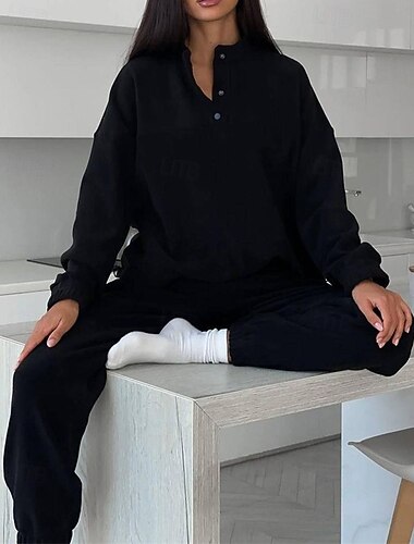  Women's Fashion Streetwear Tracksuit Pants Sets Long Sleeve Stand Collar Plain Daily Wear Date Black Burgundy Gray Spring &  Fall Regular Fit
