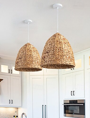  Lampa wisząca w stylu rustykalnym, materiał: rattan, wysokość 46 cm, ciepłe białe/białe światło, e26 e27, regulowany łańcuszek