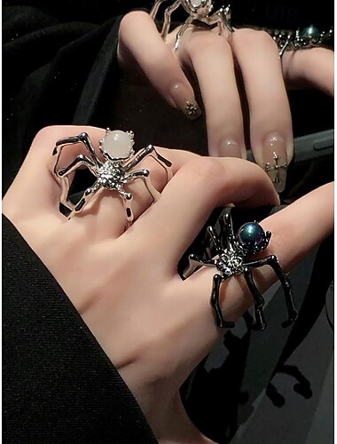 Ensemble de bagues araignée d'Halloween pour femmes – bagues ouvertes réglables en alliage de style punk gothique, motif araignée en pierres précieuses noires et blanches pour une soirée costumée, un cosplay et une soirée effrayante