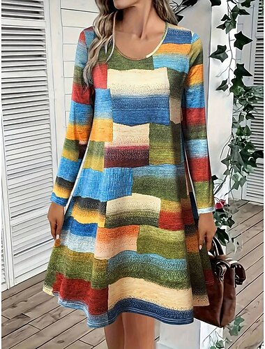  Per donna Mini Abito Vestito Casual Vestito T-Shirt Vestito Estivo Abito a trapezio Casual Vestibilità regolare Grafico Geometrico Manica Lunga Girocollo Verde Autunno Inverno