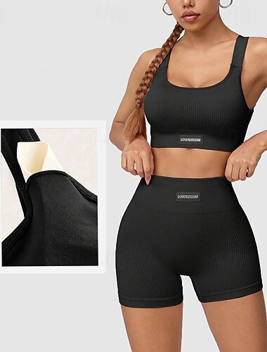  Mulheres 2 Peças Sutiãs esportivos Conjuntos de treino Roupas de ioga Acolchoado Côr Sólida Conjuntos Preto Rosa claro Treino de Ginástica Voleibal Corrida Cintura Alta Esticar Respirável Esporte