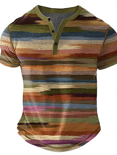  Homens Arco-Íris Riscas Camisa Henley Camiseta Waffle Manga Curta Diário Retro Vintage Clássico Esportes Casual Feriado Primavera Verão Todas as Estações Azul Céu Rosa Verde Caqui Henley Camiseta