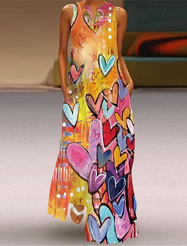  女性用 ロングドレス マキシドレス カジュアルドレス サマードレス ファッション クラシック 近代の アウトドア バケーション 祝日 レギュラー ハート ノースリーブ Ｖネック オレンジ 夏