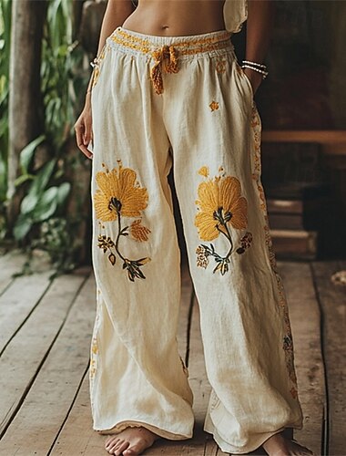  Femmes Jambe large Pantalons Pantalon palazzo Mode Boho Longueur complète Taille haute Fleur Taille Élastique Cordon de serrage Imprimé Respirabilité Confortable Rue Tenue quotidienne Sortir Jaune