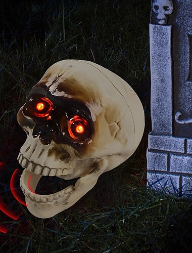  Cabeça de caveira elétrica de Halloween com controle de som, sensor de brilho e boca assustadora aberta para brincadeira decorativa pendurada