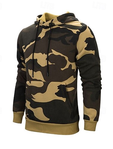  Men's Hoodie Army Green Khaki Camouflage Green Hooded Camo / Camouflage Drawstring Front Pocket Daily Holiday Going out Polyester Streetwear Casual Fall Winter Clothing Apparel Hoodies Sweatshirts