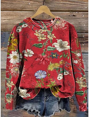  Damen Pullover Sweatshirt Blumen Grafik Warm Aktiv Vintage Langarm Rundhalsausschnitt Normale Oberteile Straße Alltagskleidung Lässig Druck Schwarz Rote Blau Purpur Orange Frühling Herbst Winter